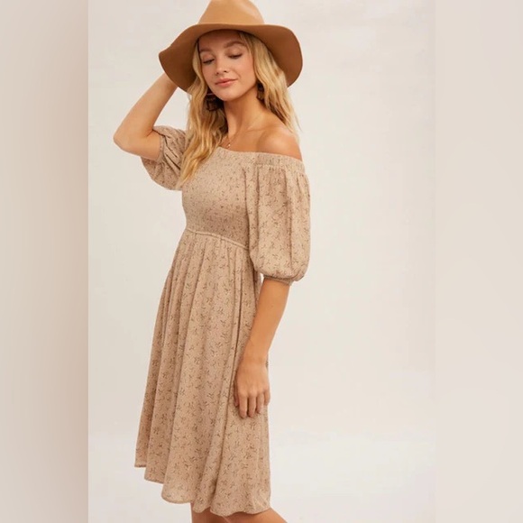 NWT Hem & Thread Taupe Floral Off Shoulder Puff Sleeve MIDI Dress size S - Picture 5 of 15